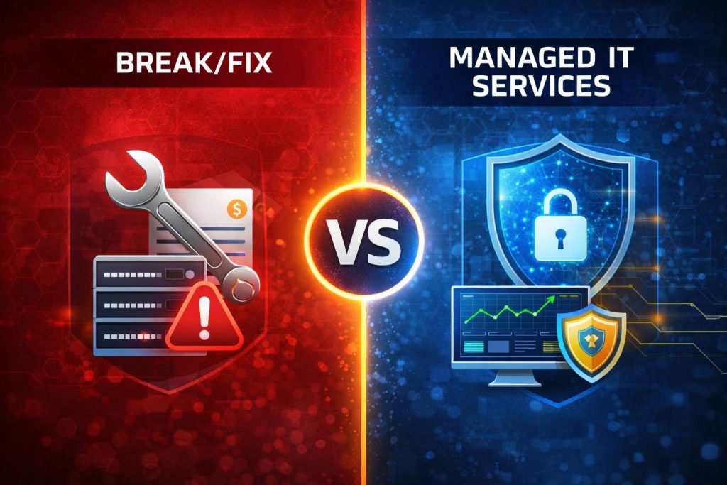 A split comparison graphic showing Break/Fix IT support on a red background with warning icons and tools, contrasted with Managed IT Services on a blue background featuring security shields, uptime graphics, and monitoring dashboards, visually highlighting reactive versus proactive IT models.