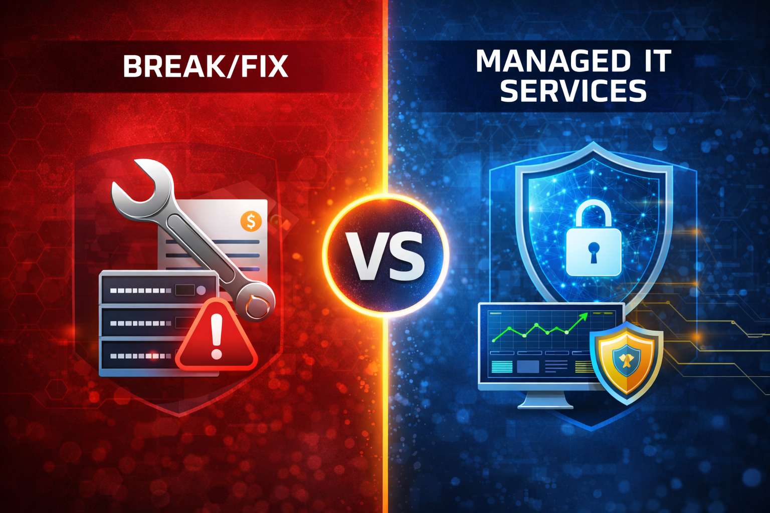 A split comparison graphic showing Break/Fix IT support on a red background with warning icons and tools, contrasted with Managed IT Services on a blue background featuring security shields, uptime graphics, and monitoring dashboards, visually highlighting reactive versus proactive IT models.