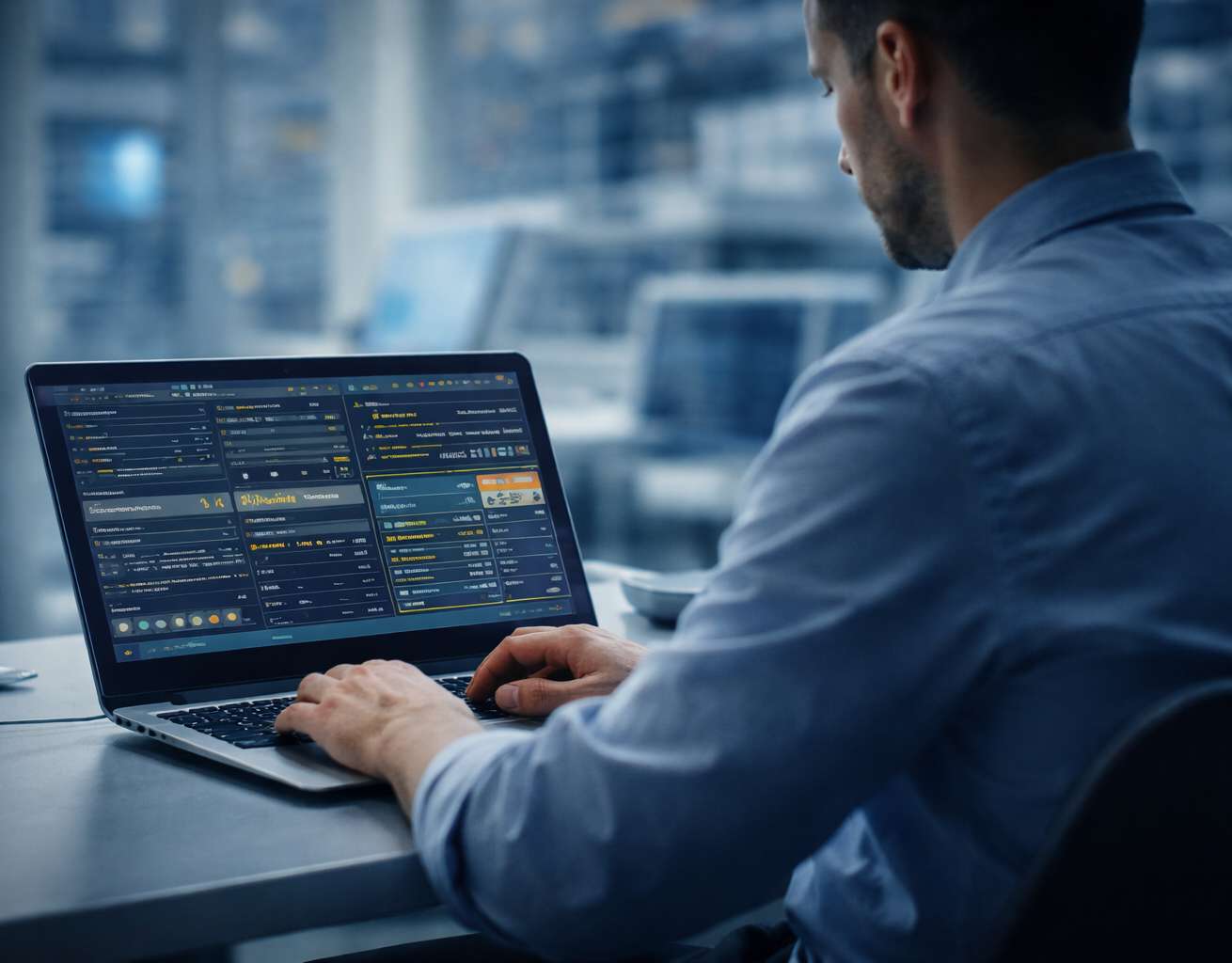 IT professional using a laptop to monitor cybersecurity dashboards and system performance inside a modern data center.
