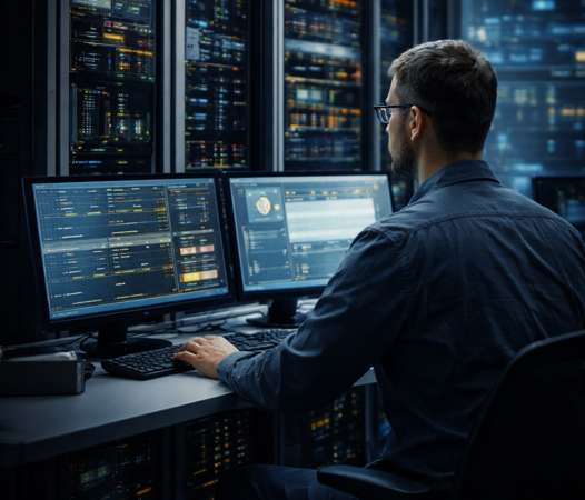 IT technician monitoring security dashboards on dual screens inside a data center, reviewing system performance and cybersecurity alerts.