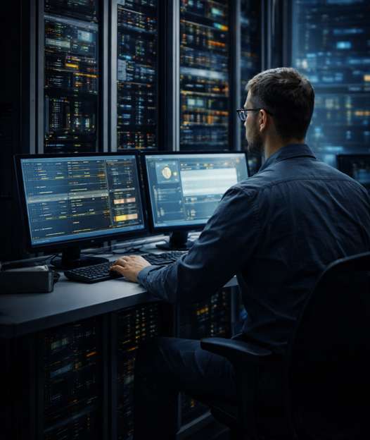 IT technician monitoring security dashboards on dual screens inside a data center, reviewing system performance and cybersecurity alerts.