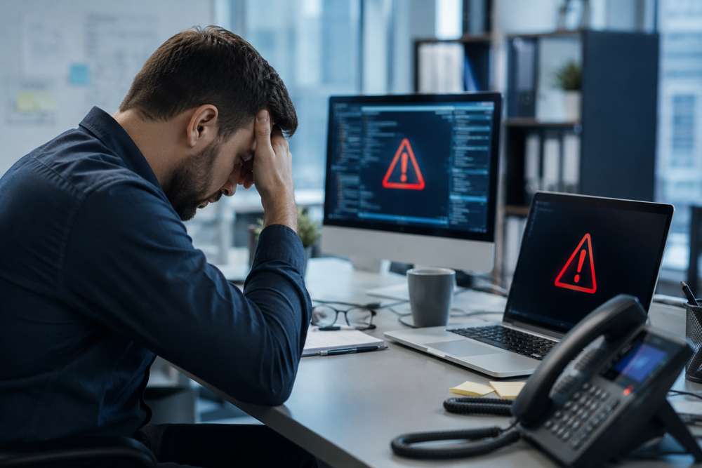 Business professional experiencing IT system problems while error warnings appear on office computer screens and laptop devices.