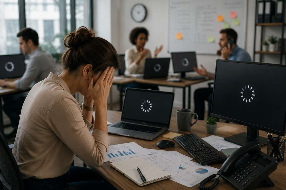 Office employees experiencing workflow disruptions and slow computer systems during an IT downtime incident affecting business productivity.