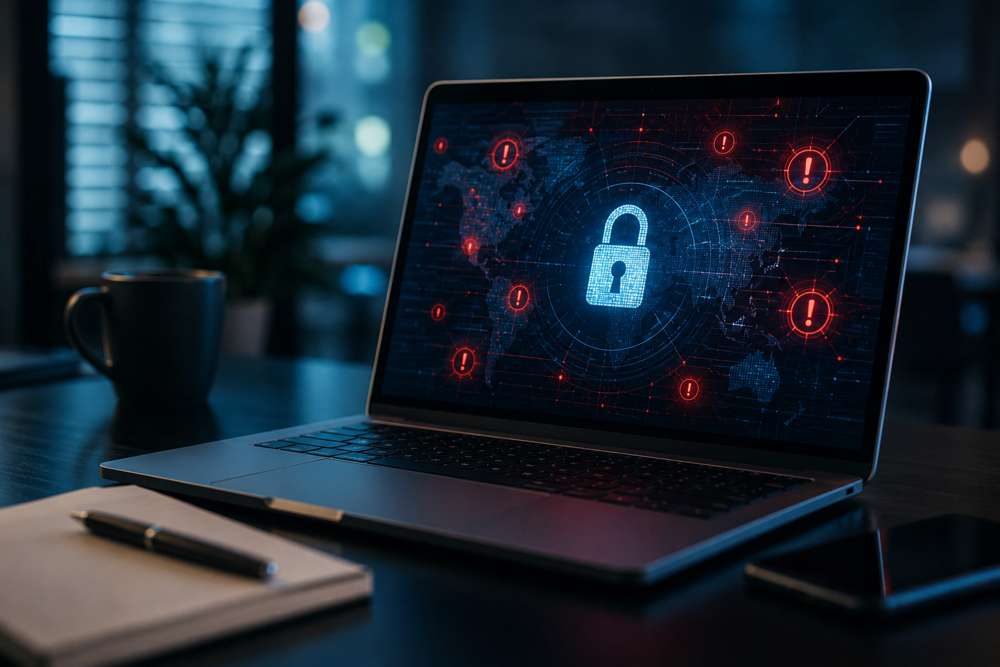 Laptop displaying cybersecurity threat alerts and digital security warnings inside a dark office environment representing cyber risks facing small businesses.
