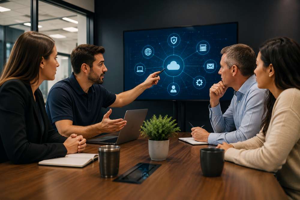 Business leaders meeting with a managed IT provider to discuss cybersecurity, cloud infrastructure, and long-term technology strategy.