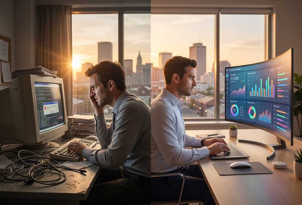 Business owner reviewing aging office technology while planning infrastructure upgrades to improve productivity, cybersecurity, and business growth.